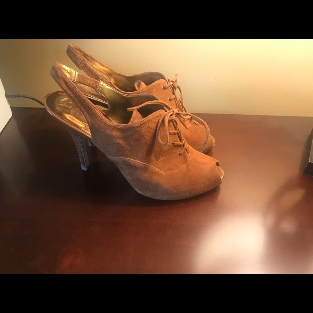 Guess tan suede peep toe bootie with heel